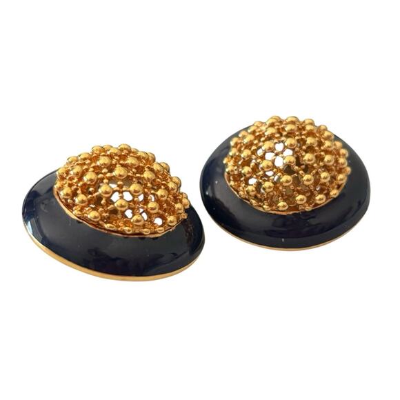CINER Blue Enamel Gold Plate Dot Weave Dome Clip-On Earrings Vintage Classic - Picture 8 of 8